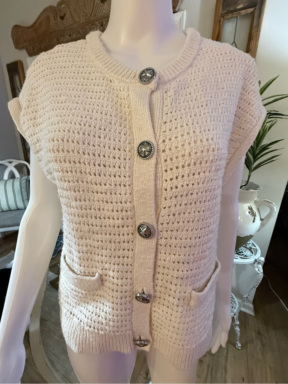 Lucky Brand Cream Crochet-Knit Button Front Vest